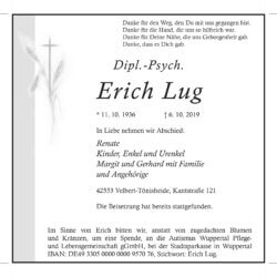 Dipl.-Psych. Erich Lug † 6. 10. 2019