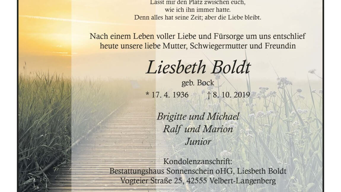 Liesbeth Boldt † 8. 10. 2019