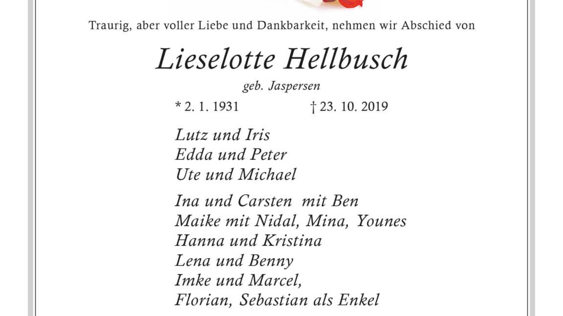 Lieselotte Hellbusch † 23. 10. 2019