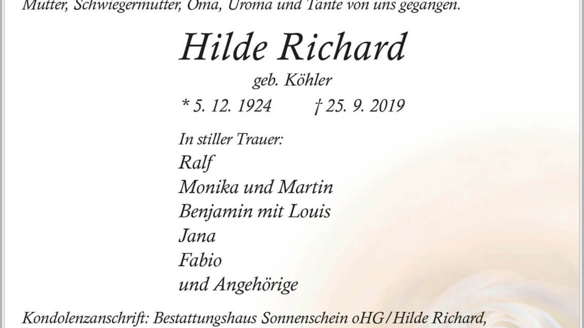 Hilde Richard † 25. 9. 2019