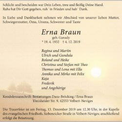 Erna Braun † 4. 12. 2019