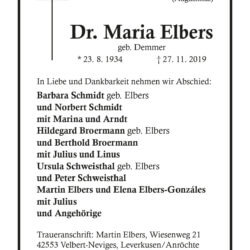 Dr. Maria Elbers † 27. 11. 2019