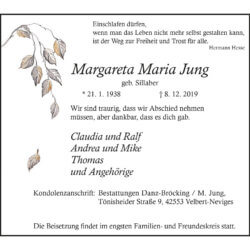 Margareta Maria Jung † 8. 12. 2019