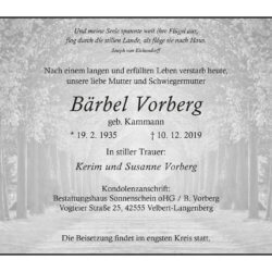 Bärbel Vorberg † 10. 12. 2019
