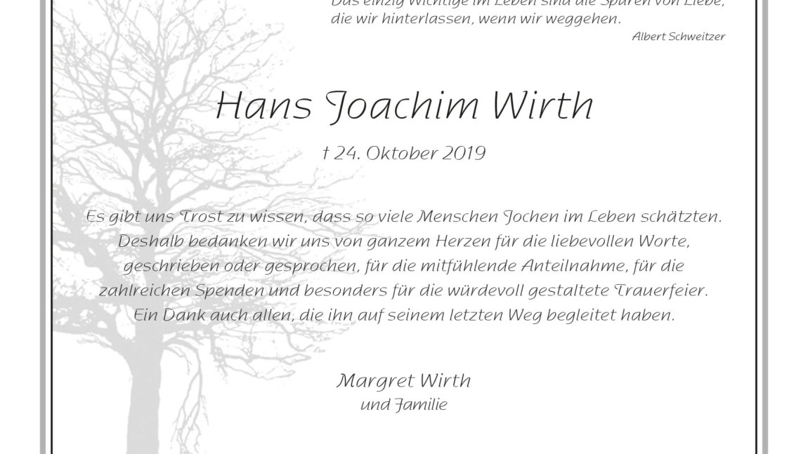 Hans Joachim Wirth -Danksagung-