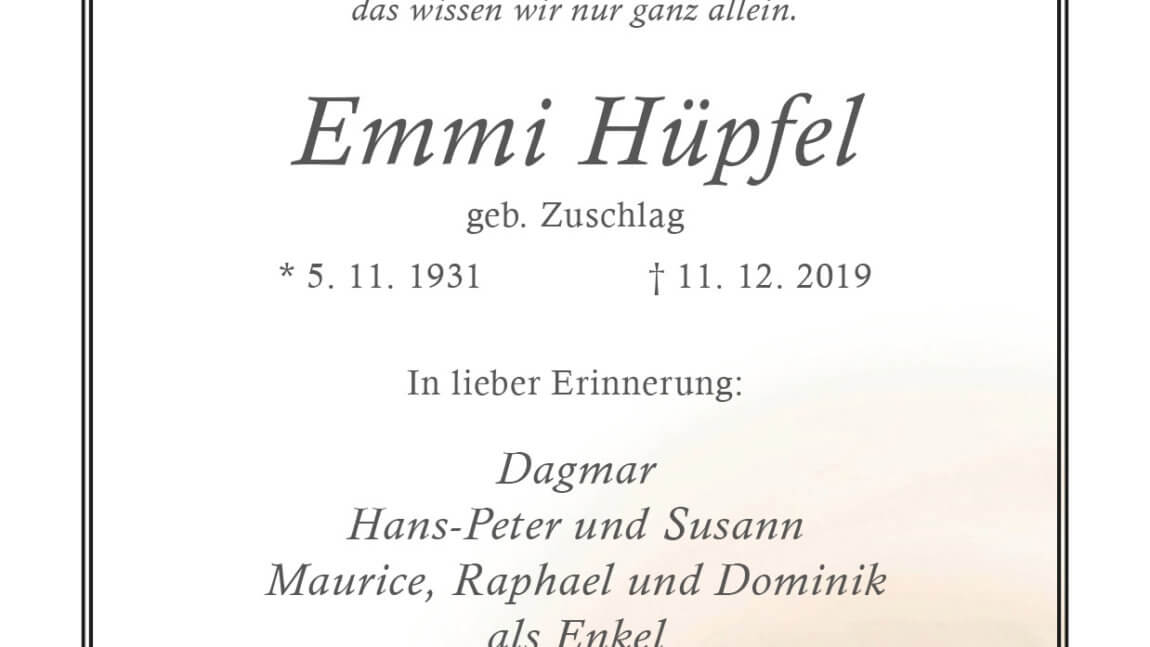 Emmi Hüpfel † 11. 12. 2019
