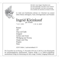 Ingrid Kleinkauf † 19. 12. 2019