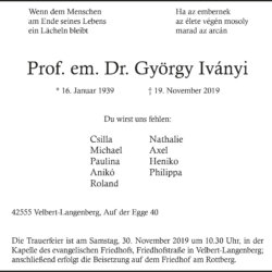 Prof. em. Dr. György Iványi † 19. 11. 2019