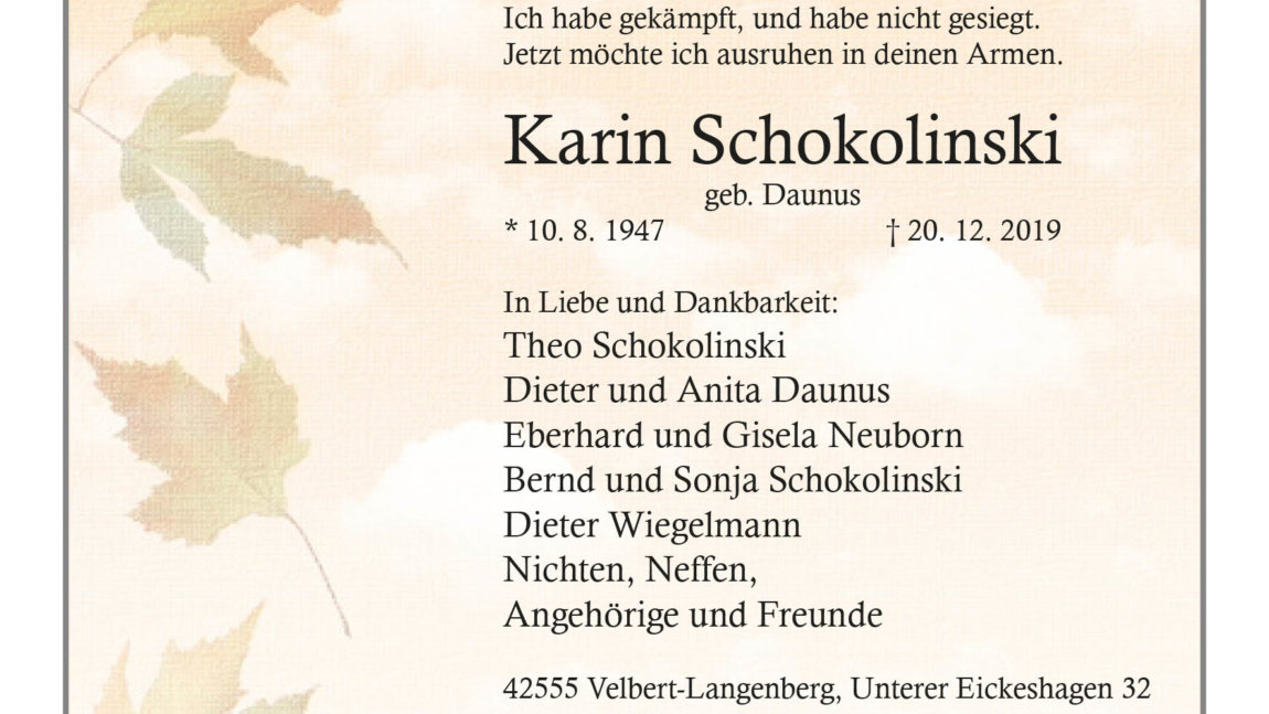 Karin Schokolinski † 20. 12. 2019