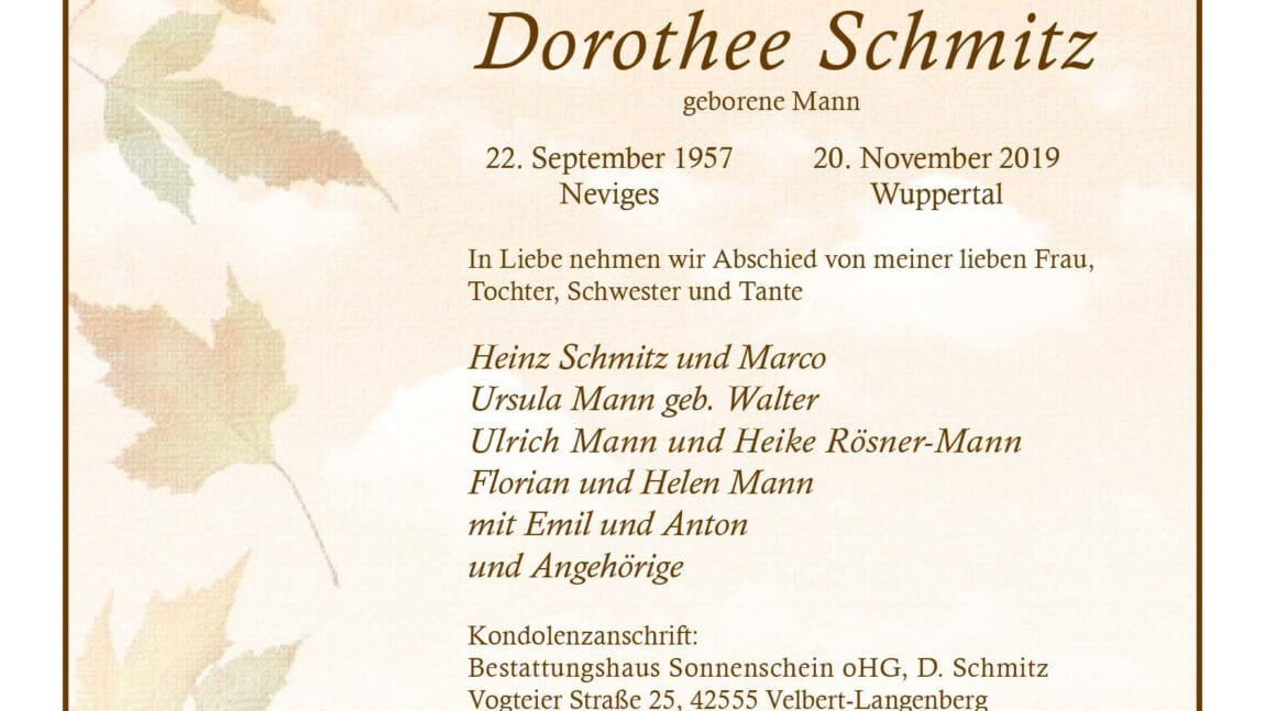 Dorothee Schmitz † 20. 11. 2019