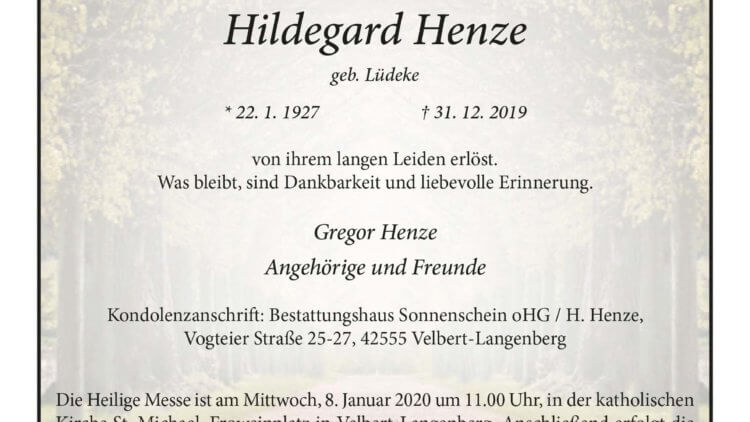 Hildegard Henze † 31. 12. 2019