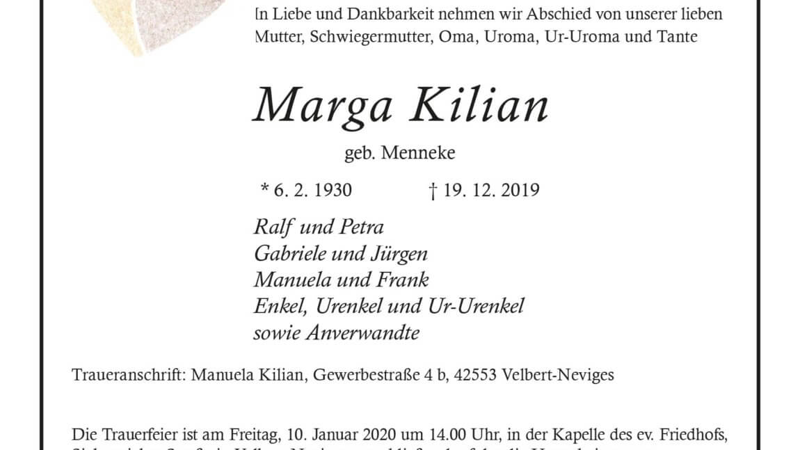 Marga Kilian † 19. 12. 2019