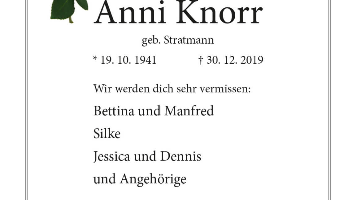 Anni Knorr † 30. 12. 2019
