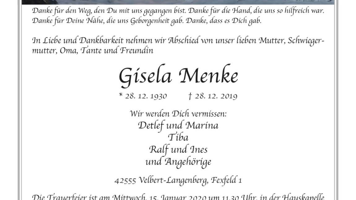 Gisela Menke † 28. 12. 2019