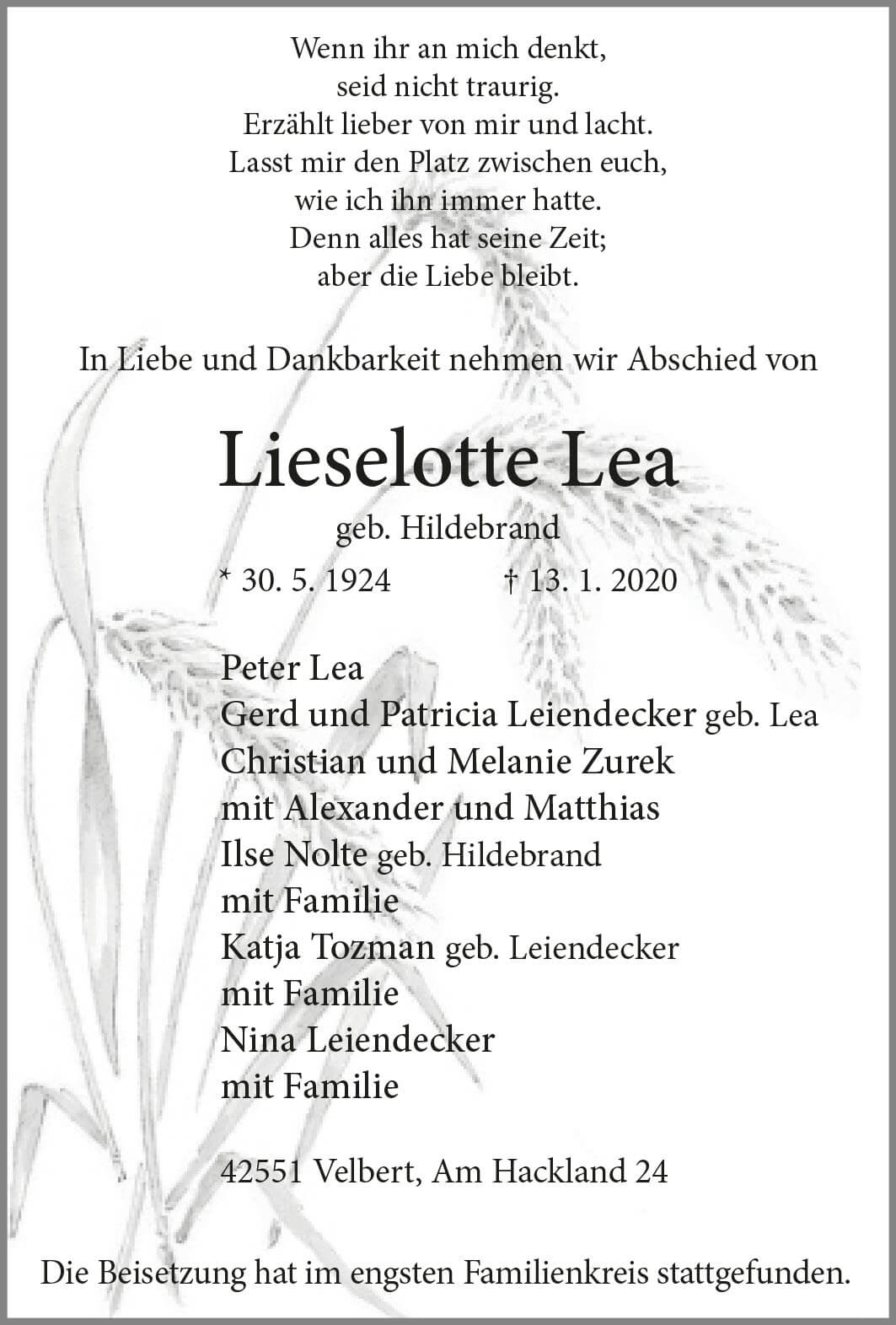 Lieselotte Lea † 13. 1. 2020