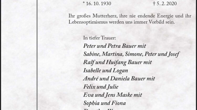 Theresia Bauer † 5. 2. 2020