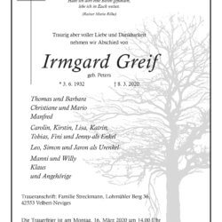 Irmgard Greif † 8. 3. 2020