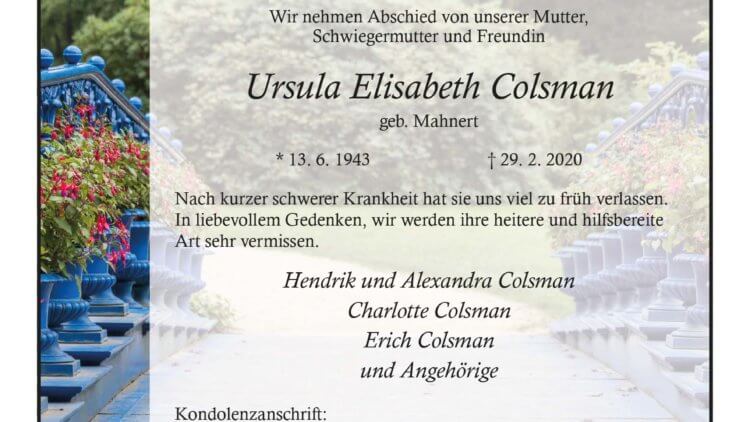 Ursula Elisabeth Colsman † 29. 2. 2020