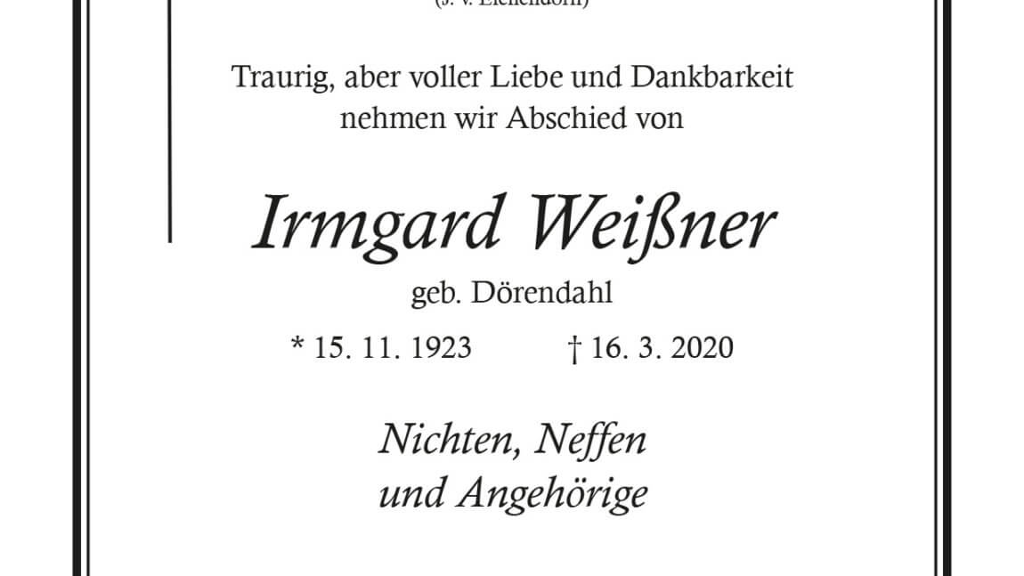 Irmgard Weißner † 16. 3. 2020