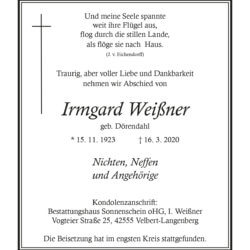 Irmgard Weißner † 16. 3. 2020