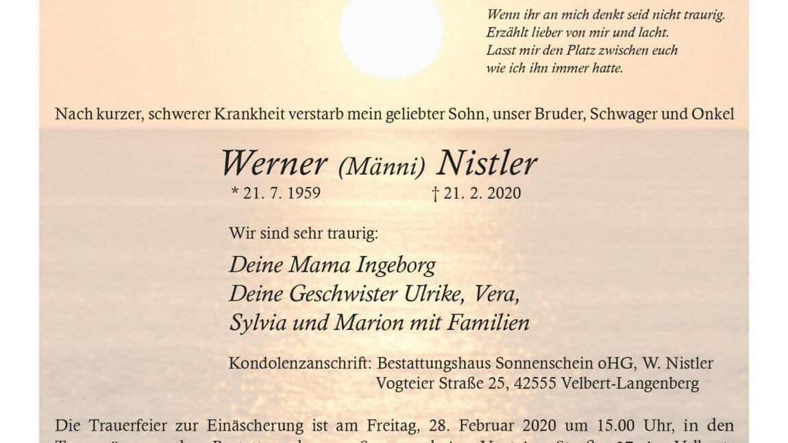 Werner Nistler † 21. 2. 2020