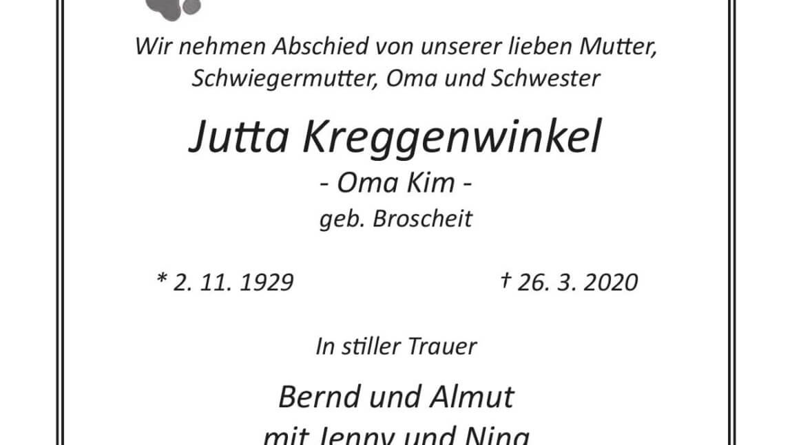 Jutta Kreggenwinkel † 26. 3 2020