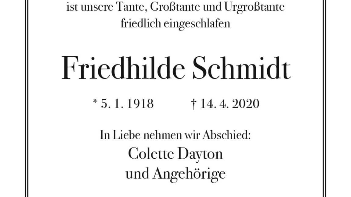 Friedhilde Schmidt † 14. 4. 2020