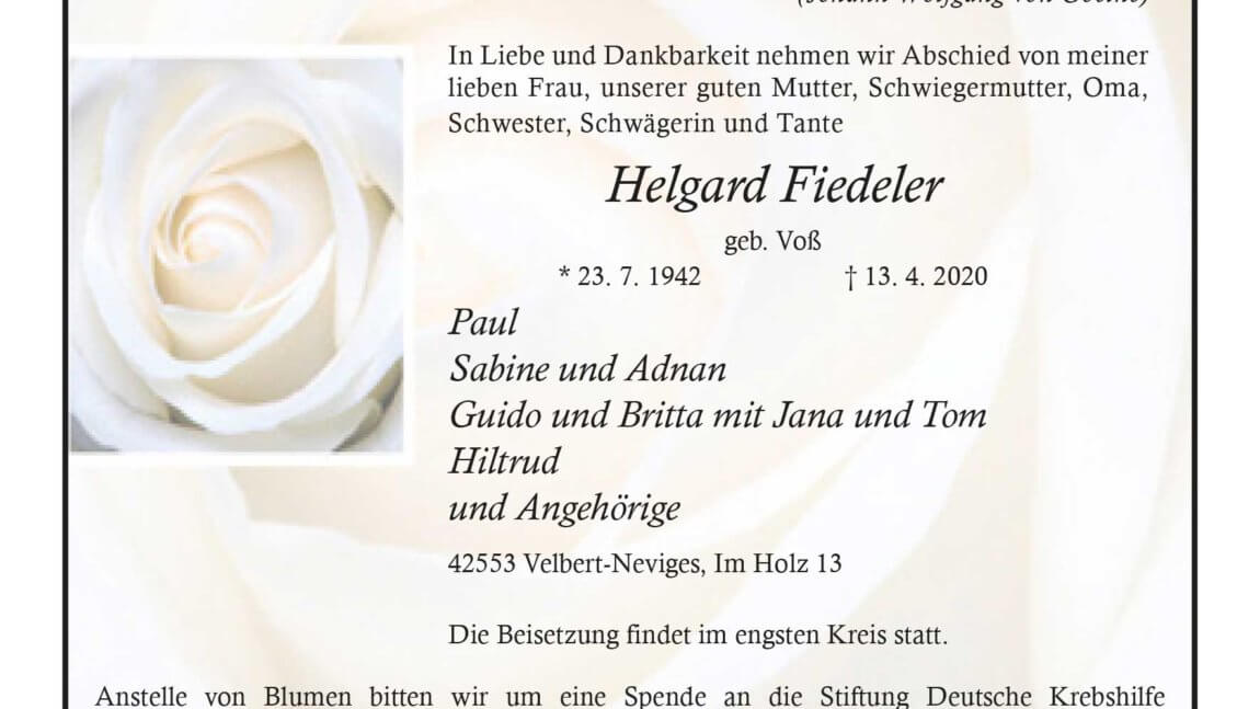 Helgard Fiedeler † 13. 4. 2020
