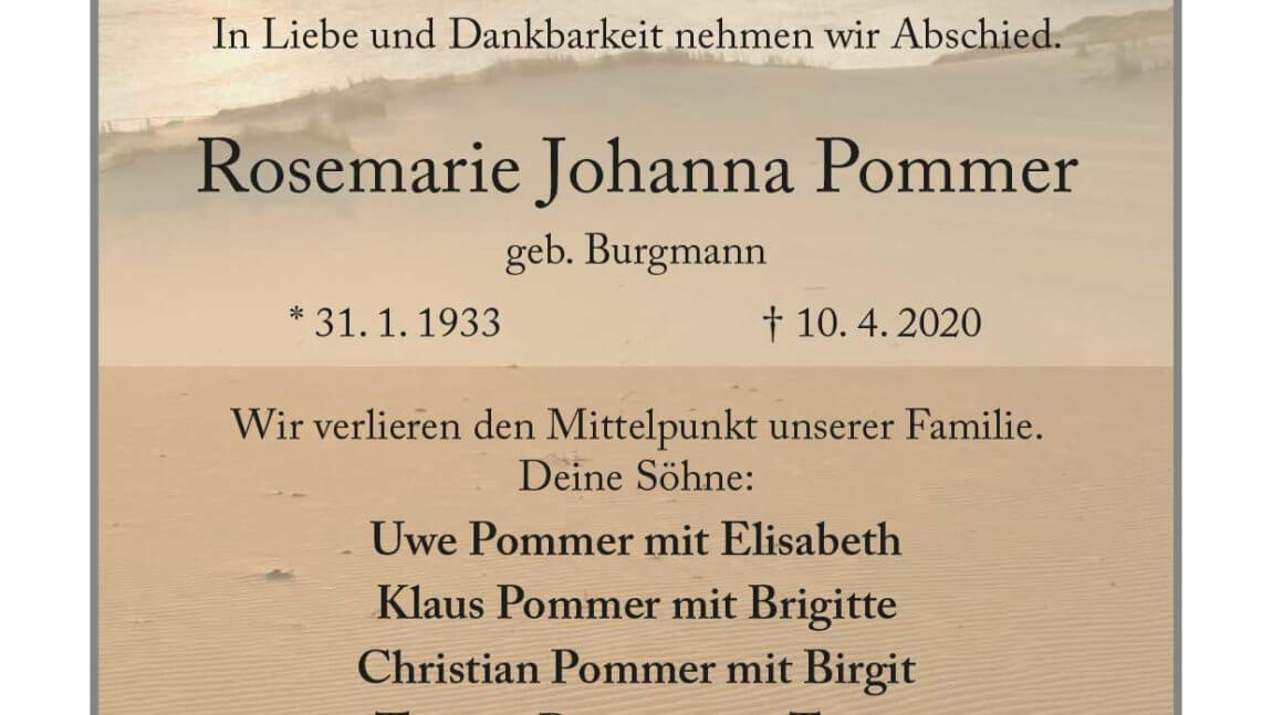Rosemarie Johanna Pommer † 10. 4. 2020