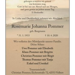 Rosemarie Johanna Pommer † 10. 4. 2020