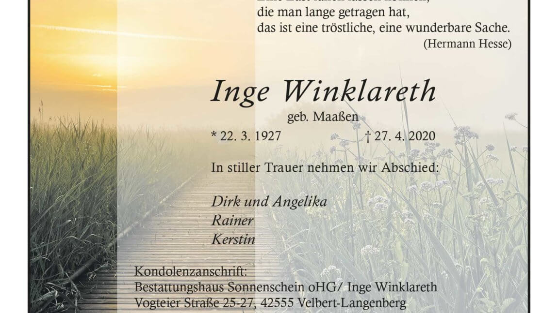 Inge Winklareth † 27. 4. 2020