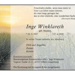 Inge Winklareth † 27. 4. 2020