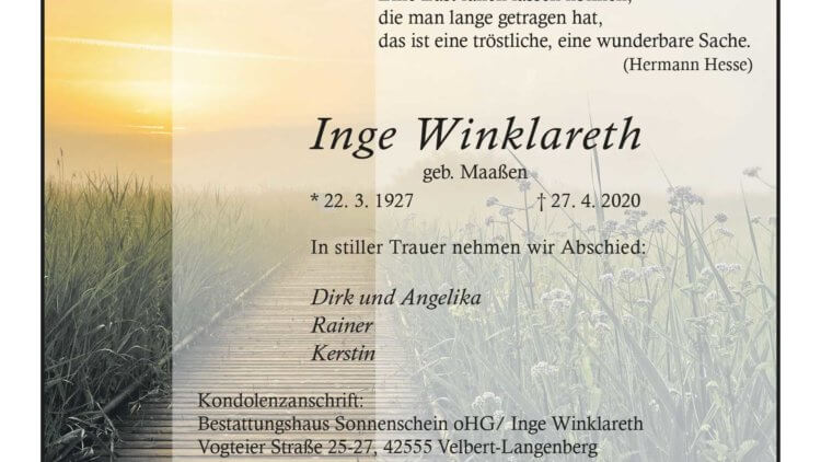 Inge Winklareth † 27. 4. 2020