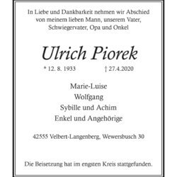 Ulrich Piorek † 27. 4. 2020