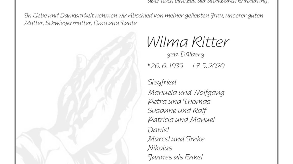 Wilma Ritter † 7. 5. 2020
