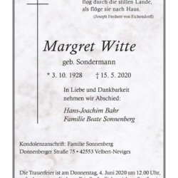 Margret Witte † 15. 5. 2020