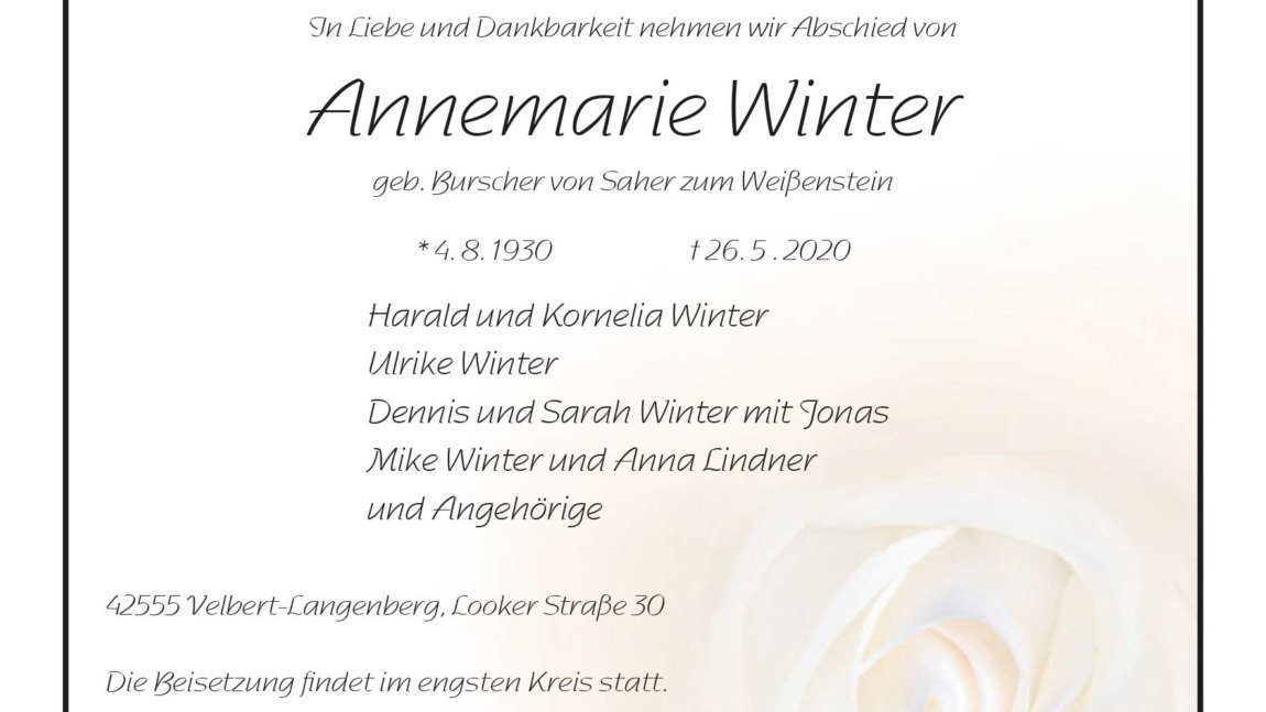 Annemarie Winter † 26. 5. 2020