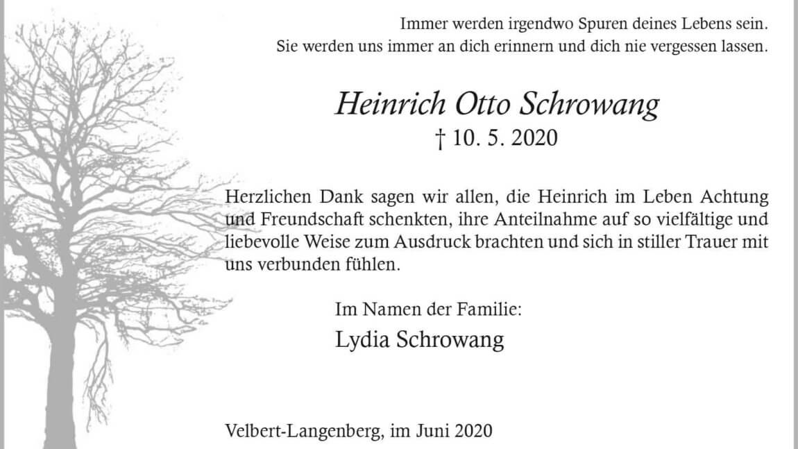 Heinrich Otto Schrowang -Danksagung-