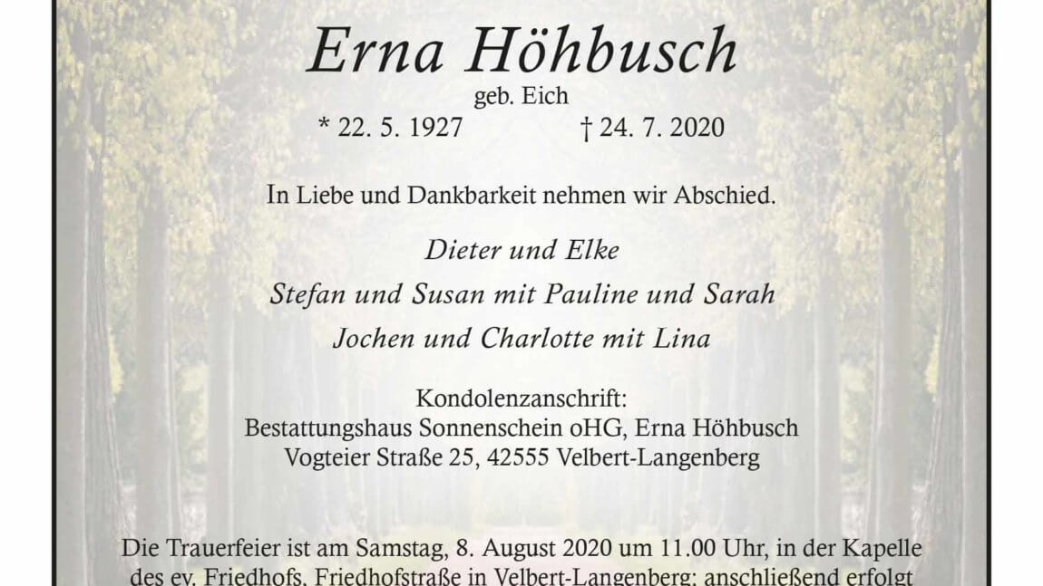 Erna Höhbusch † 24. 7. 2020