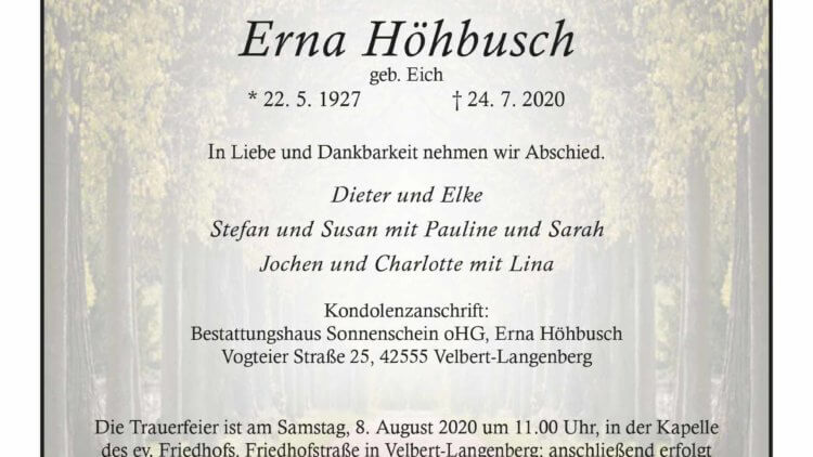 Erna Höhbusch † 24. 7. 2020