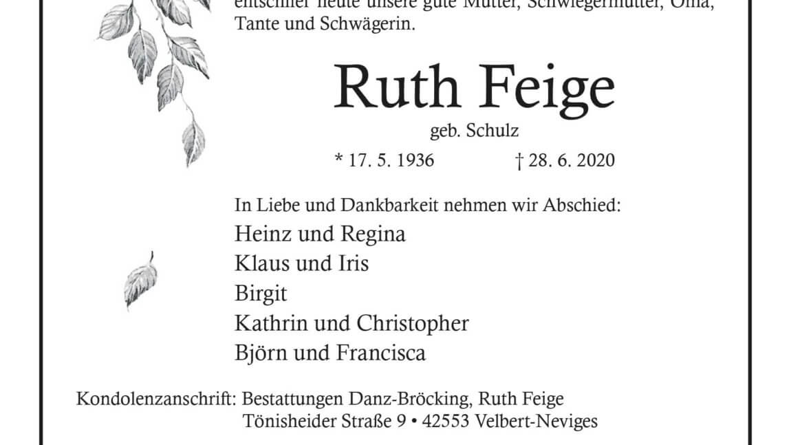 Ruth Feige † 28. 6. 2020