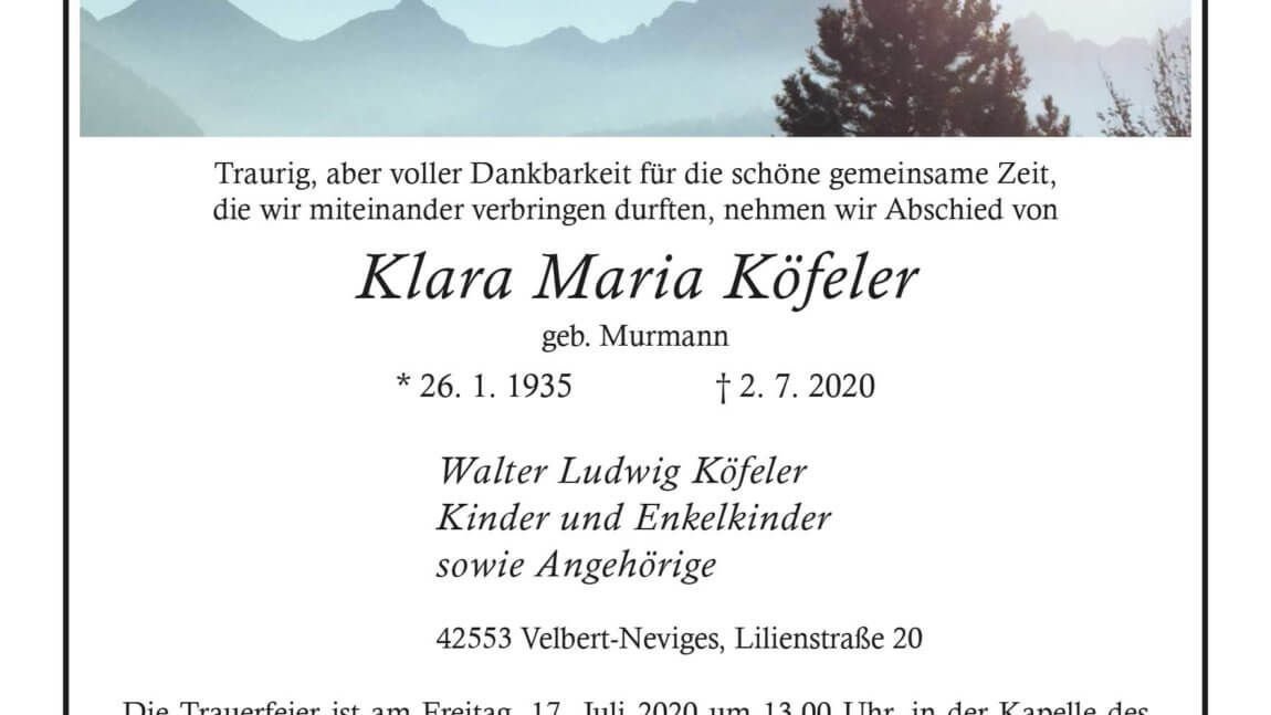 Klara Maria Köfeler † 2. 7. 2020