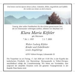 Klara Maria Köfeler † 2. 7. 2020