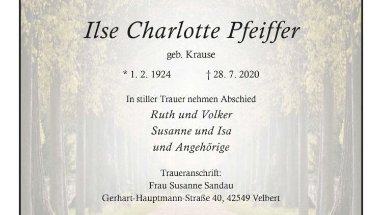Ilse Charlotte Pfeiffer † 28. 7. 2020