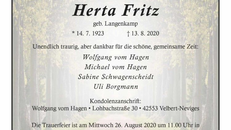 Herta Fritz † 13. 8. 2020