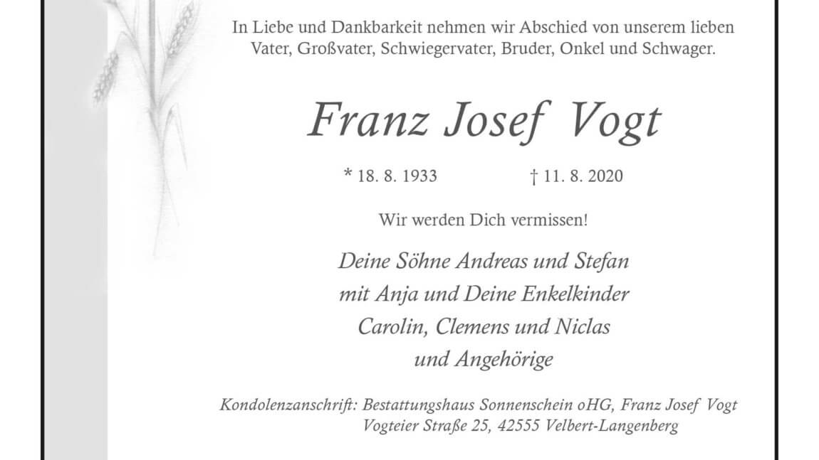 Franz Josef Vogt † 11. 8. 2020