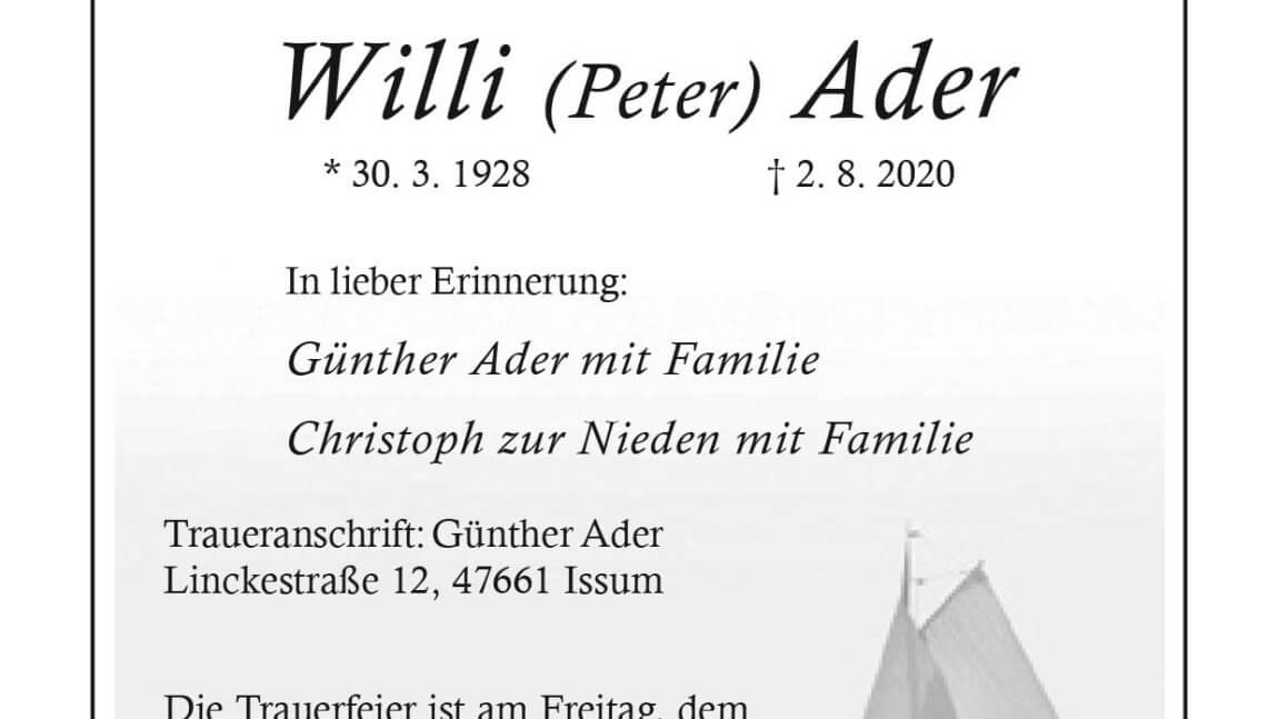 Willi (Peter) Ader † 2. 8. 2020