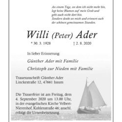 Willi (Peter) Ader † 2. 8. 2020