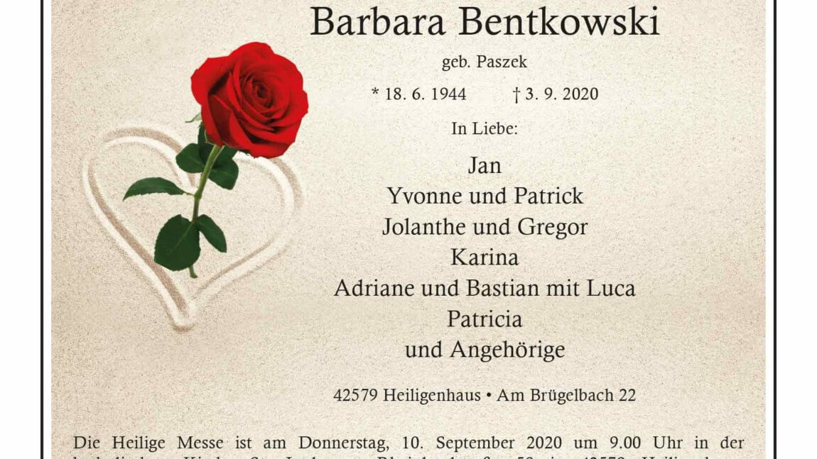 Barbara Bentkowski † 3. 9. 2020