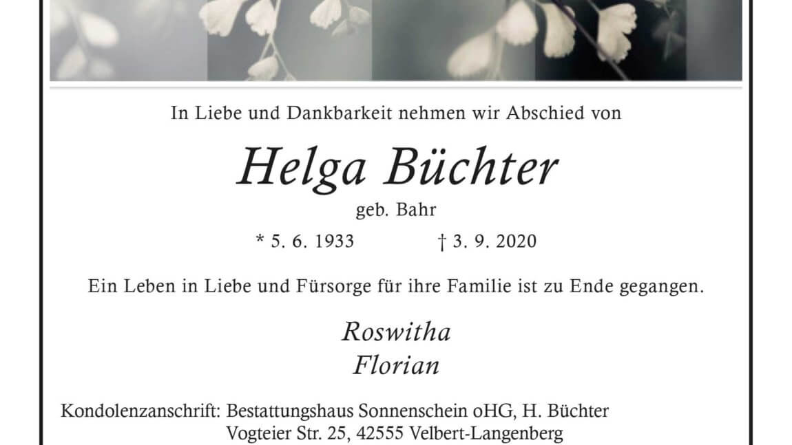 Helga Büchter † 3. 9. 2020